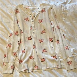 Aerie Cream and Red Polo Collar Buttoned Blouse